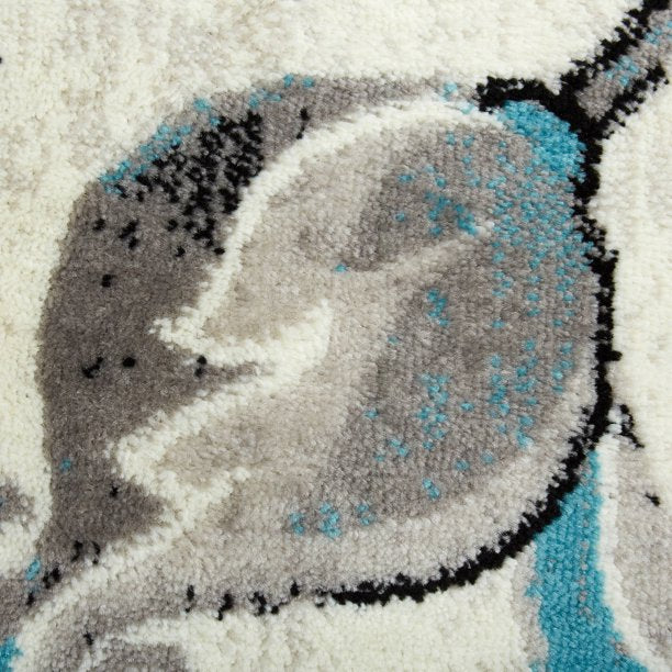 Area Rug Modern Floral 6 Feet 6 Inches By 9 Feet 6 Inches Ivory and Aqua