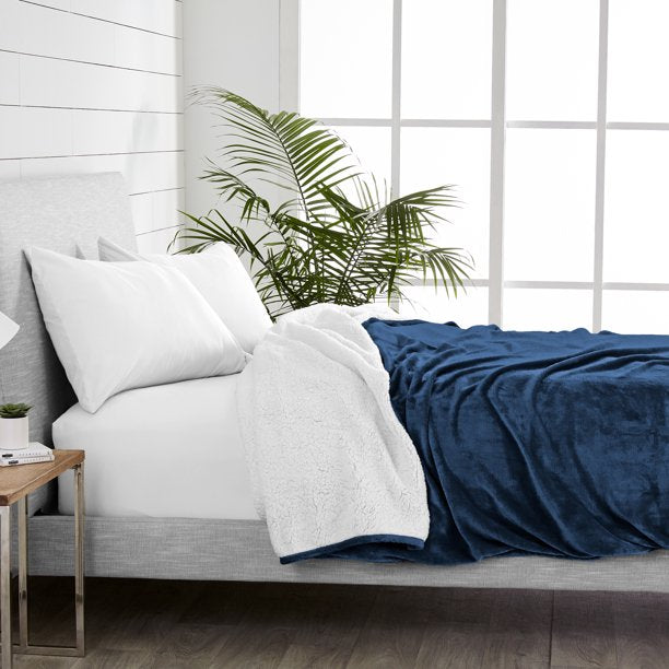 Bare Home Blanket Sherpa Reversible in Dark Blue Twin or Twin XL