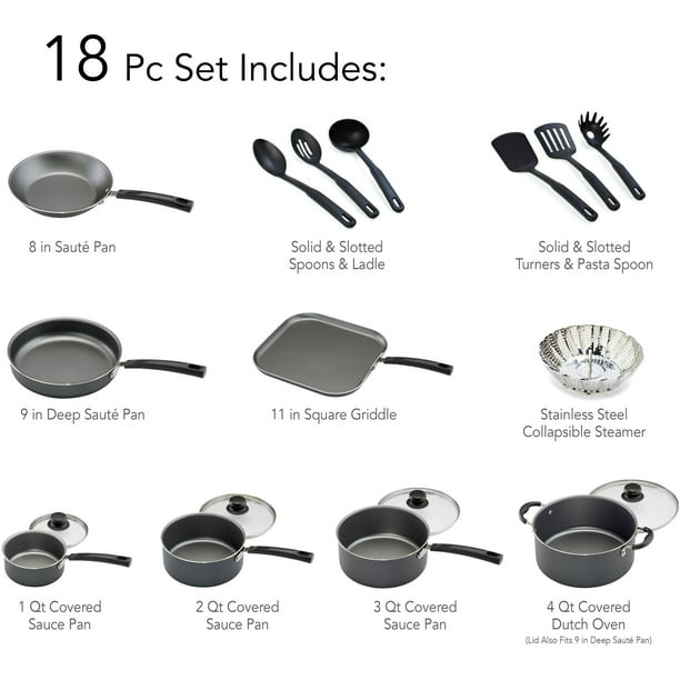 Non Stick Cookware Set 18 Pieces Steel Gray