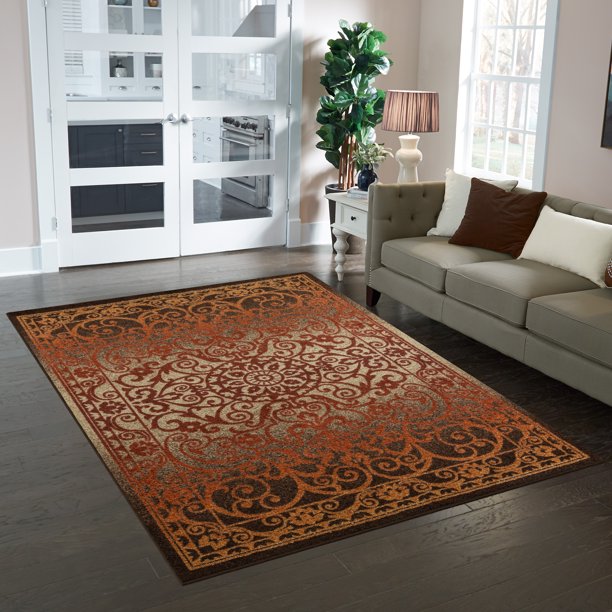 Area Rug Medallion Textured Rust Brown 84x60 Inches