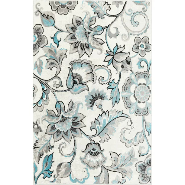 Area Rug Modern Floral 6 Feet 6 Inches By 9 Feet 6 Inches Ivory and Aqua