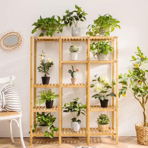 Bamboo Shelf Storage Plant Organizer Rack