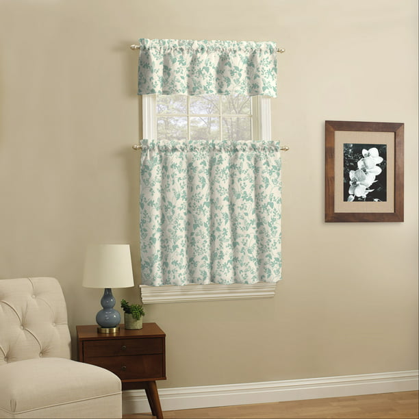 Curtain Tier and Valance Aqua Piece Set
