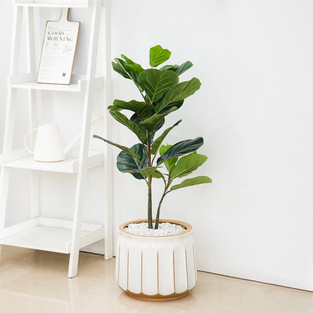 Round White and Brown Ceramic Striped with Drainage Hole 14 Inches