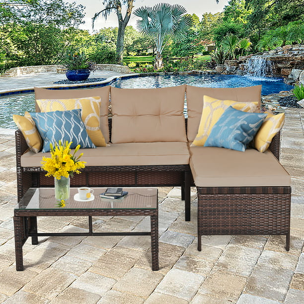 Patio Sofa Set Outdoor Sectional Conversation Set Rattan Wicker 3 Pieces