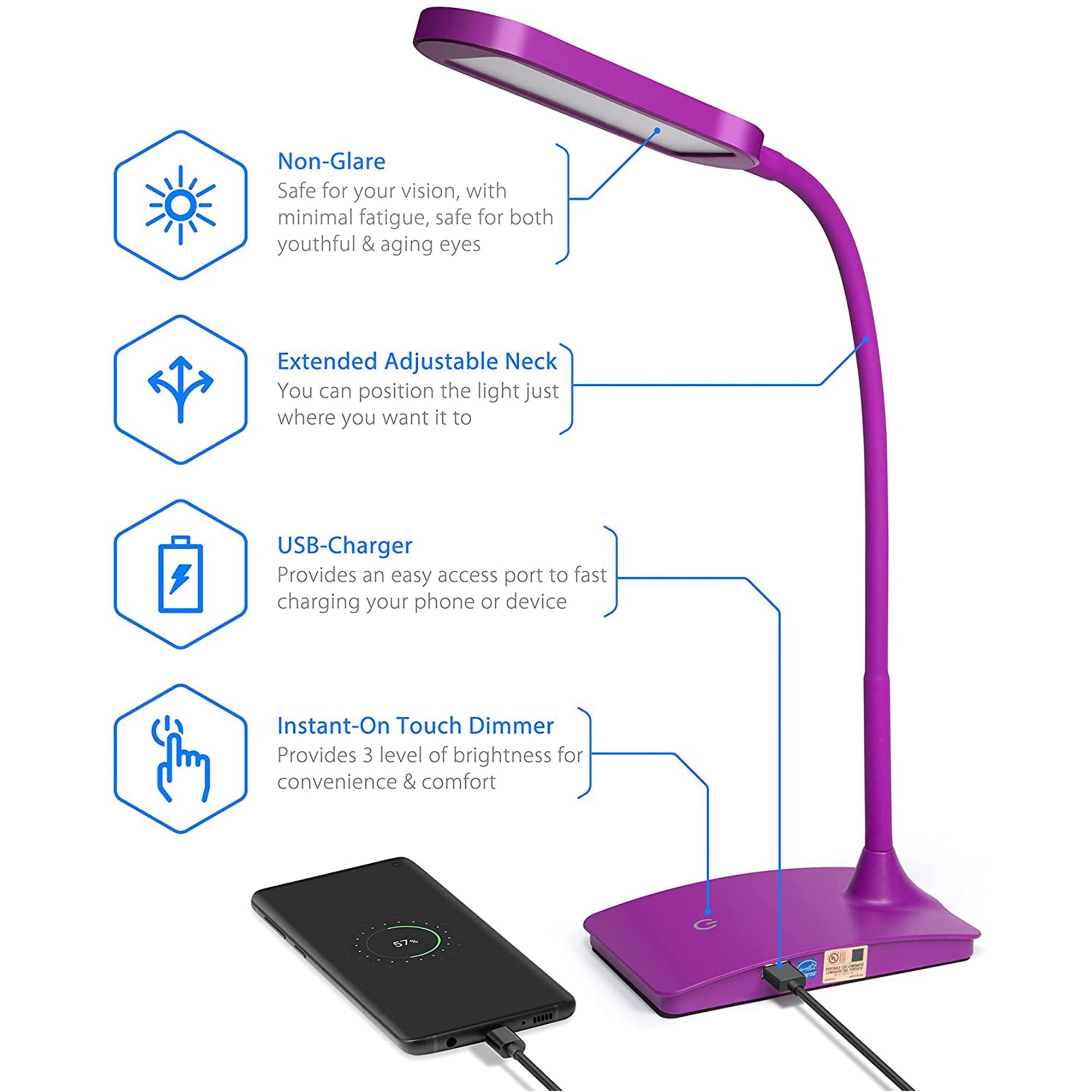 Desk Lamp LED with USB Charging Port in Purple
