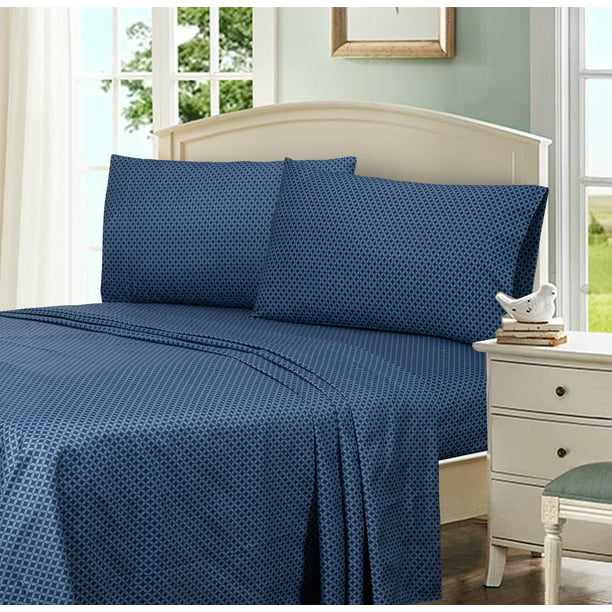 Bed Sheet Set Queen Size 4 Pieces in Navy Geo