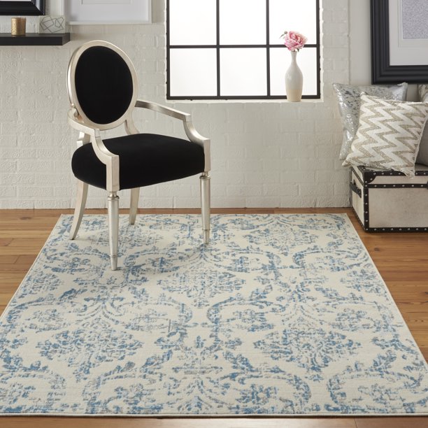 Area Rug Distressed Damask Blue 87x63 Inches