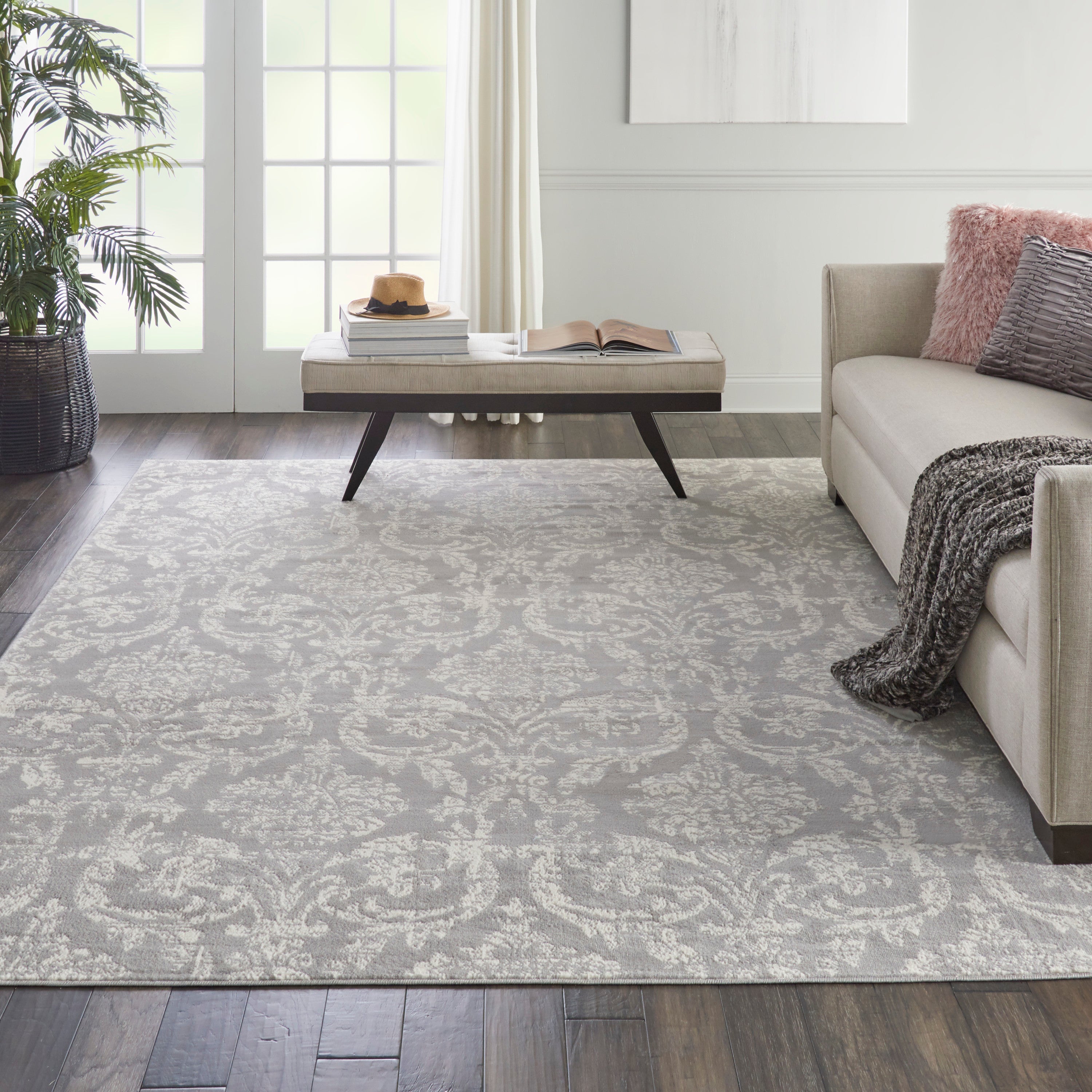 Area Rug Distressed Damask Grey 6ft x 9ft