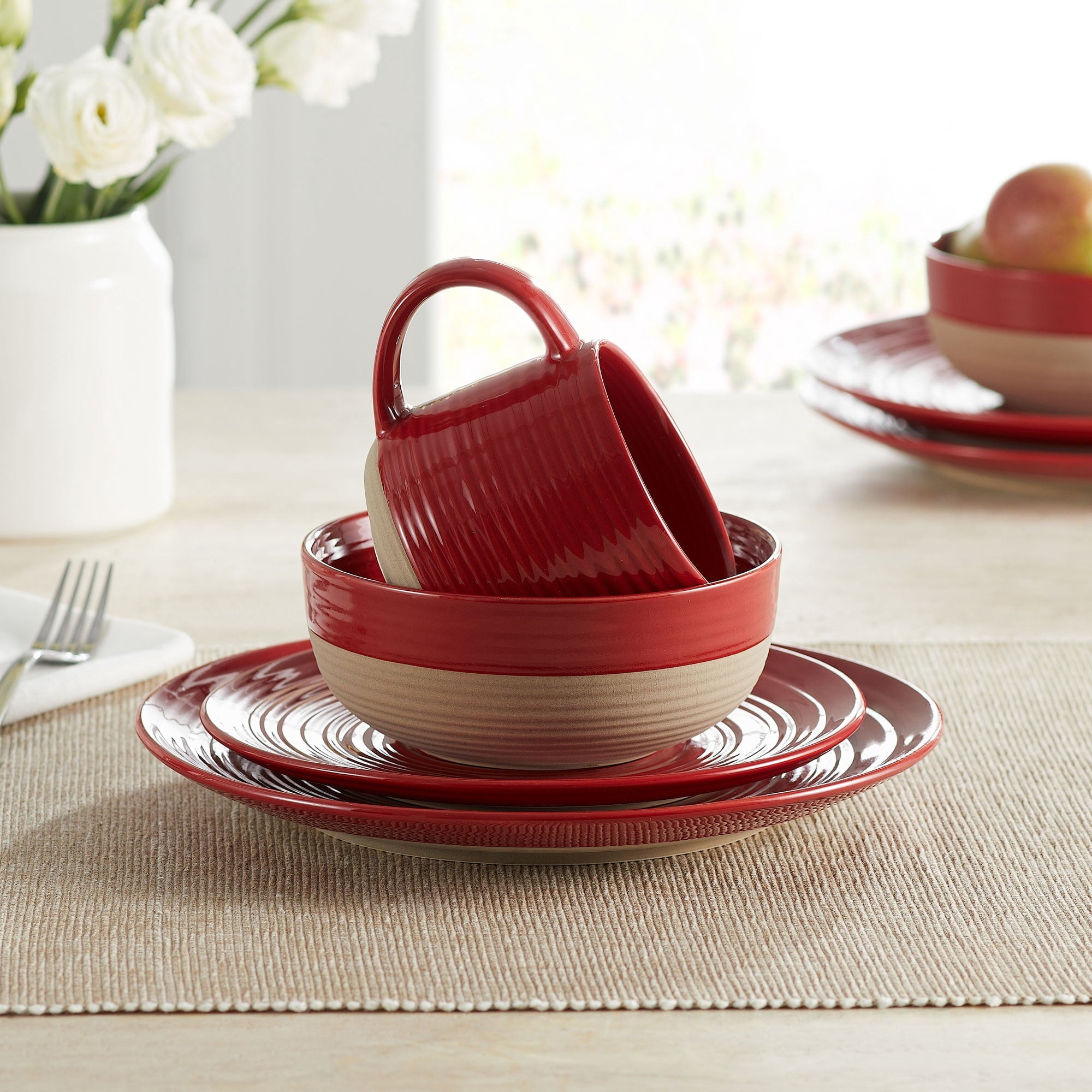 Clay Stoneware Dinnerware in Red Set 16 Piece