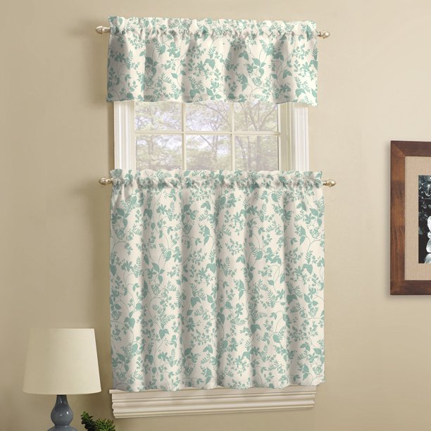 Curtain Tier and Valance Aqua Piece Set