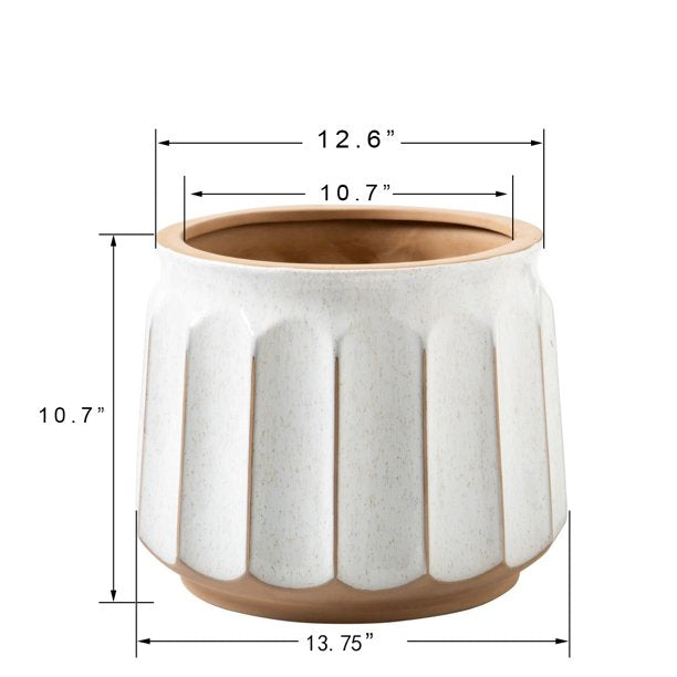 Round White and Brown Ceramic Striped with Drainage Hole 14 Inches