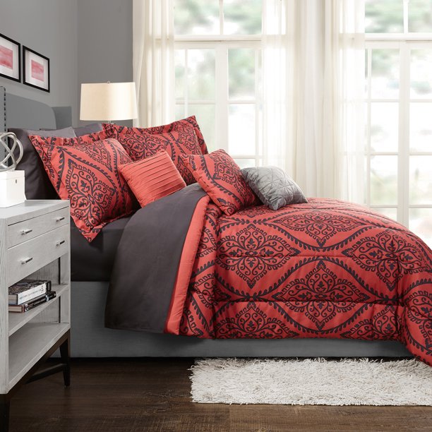 Bed in a Bag King Comforter Set with Red and Black Sheets
