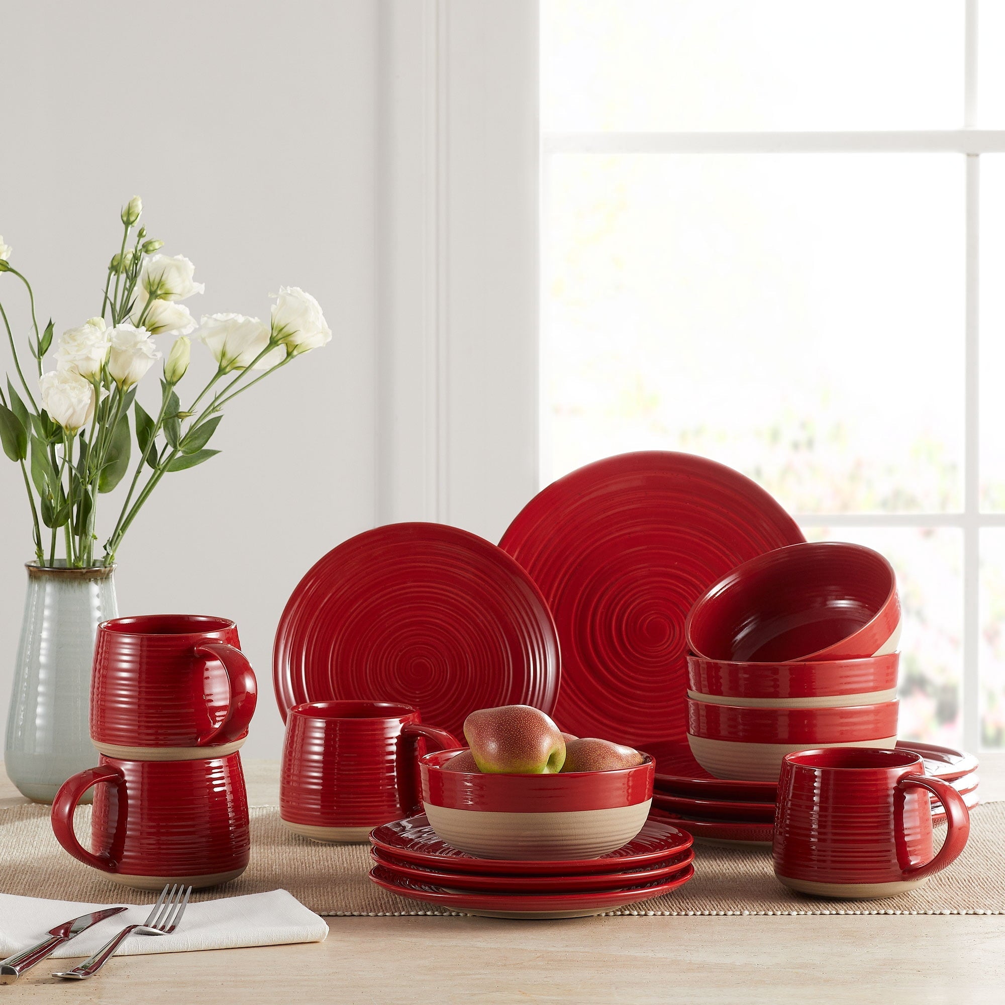 Clay Stoneware Dinnerware in Red Set 16 Piece