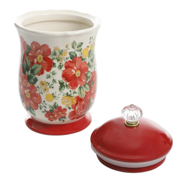 Vintage Floral Canister with Acrylic Knob 10 Inch