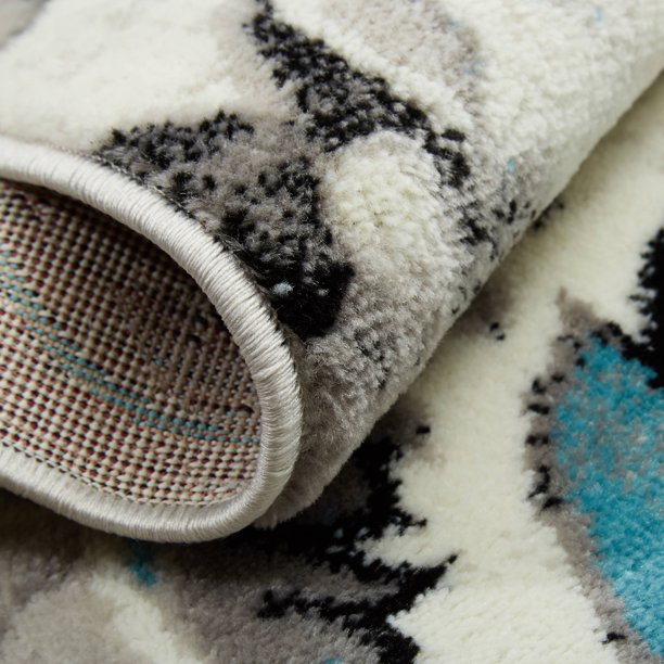 Area Rug Modern Floral 6 Feet 6 Inches By 9 Feet 6 Inches Ivory and Aqua