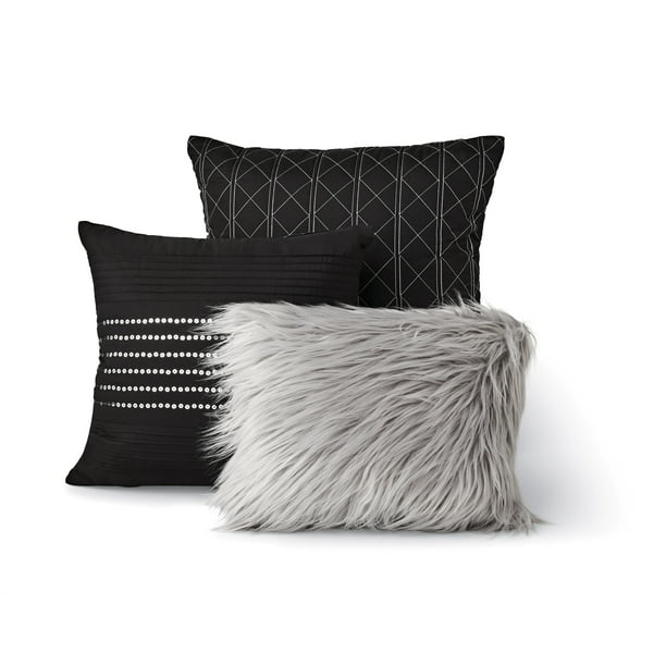 Bed Comforter Metallic Stripe Jacquard Set Black and Silver Queen 7 pieces