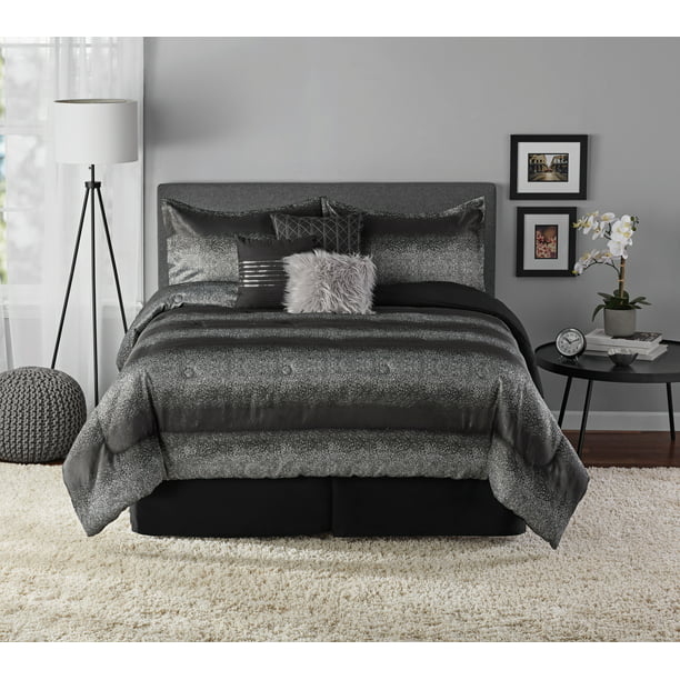 Bed Comforter Metallic Stripe Jacquard Set Black and Silver Queen 7 pieces