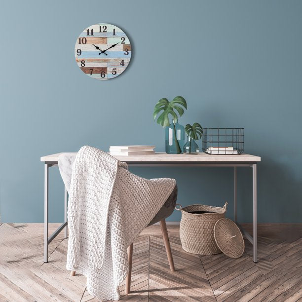 Blue Analog Round Coastal Battery Operated Wall Clock in 14 inches