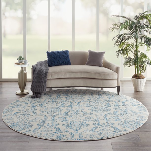 Area Rug Distressed Damask in Blue 8ft