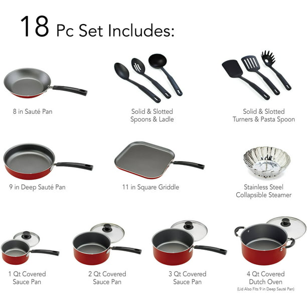 Non Stick Cookware Set 18 Pieces Red