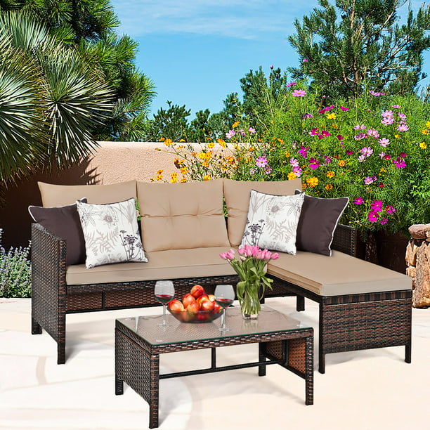 Patio Sofa Set Outdoor Sectional Conversation Set Rattan Wicker 3 Pieces