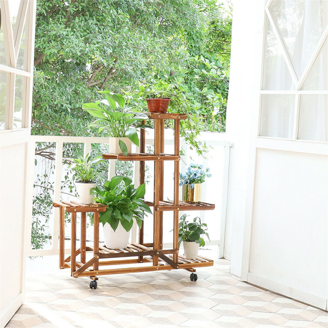 Plant Shelves Stand with Wheels 6 Tiers in Wood