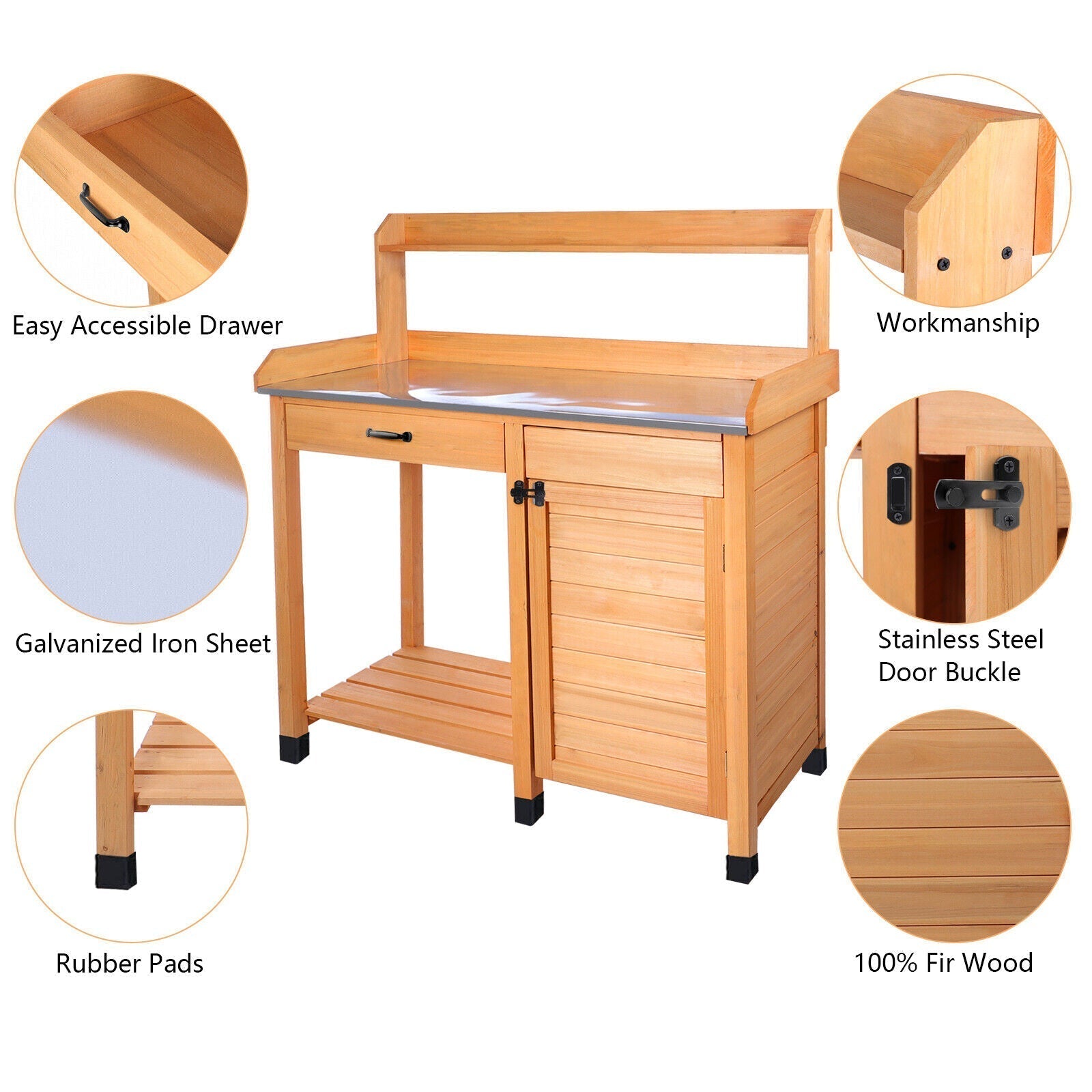 Potting Bench Table with Metal Cabinet Drawer