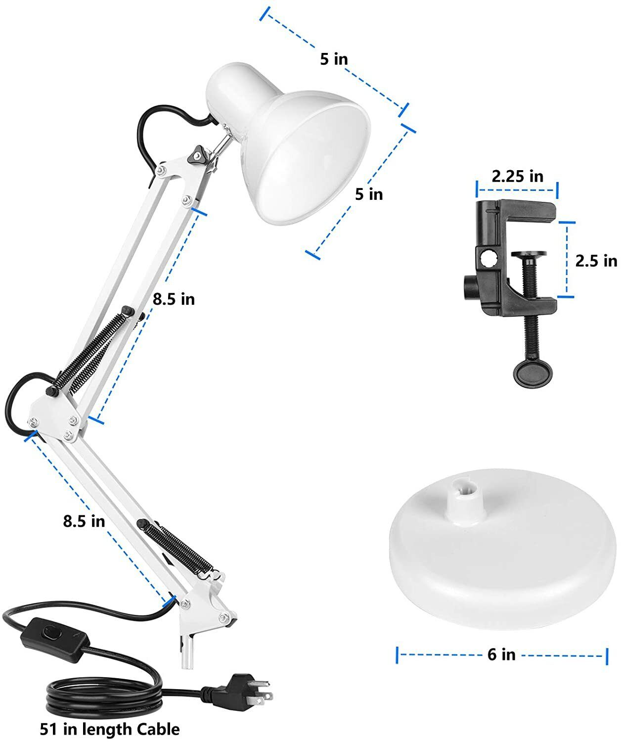 Desk Lamp with Interchangeable Base And Clamp White