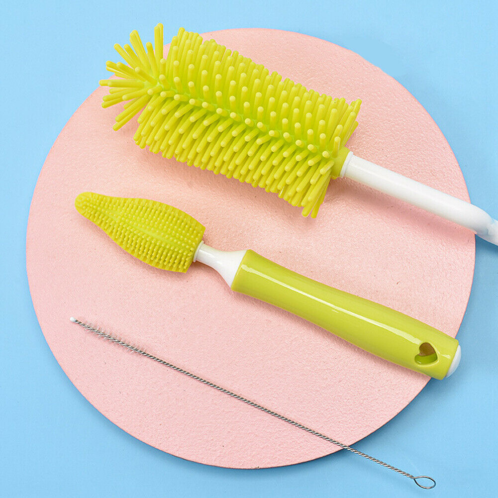 Silicone Baby Bottle Nipple Straw Cleaning Brush 360 Degree Set 3 Pieces