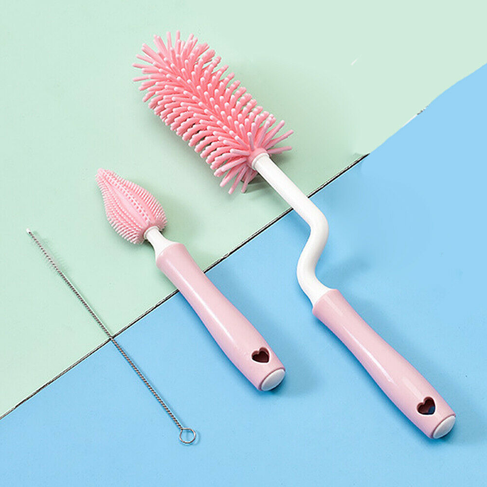 Silicone Baby Bottle Nipple Straw Cleaning Brush 360 Degree Set 3 Pieces