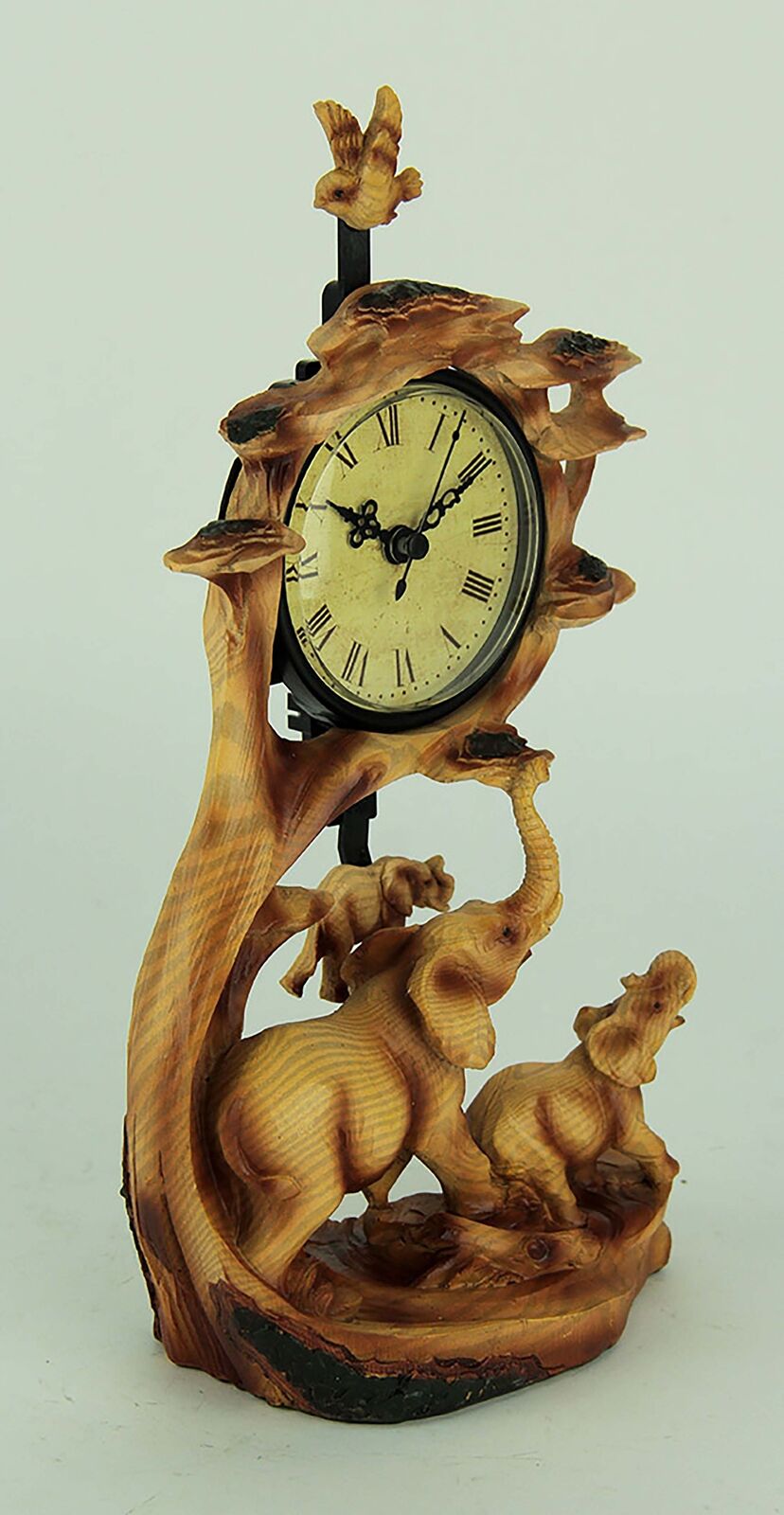 Clock Figurine with Elephant Family On Safari Carved Wood
