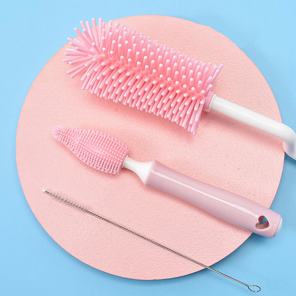 Silicone Baby Bottle Nipple Straw Cleaning Brush 360 Degree Set 3 Pieces