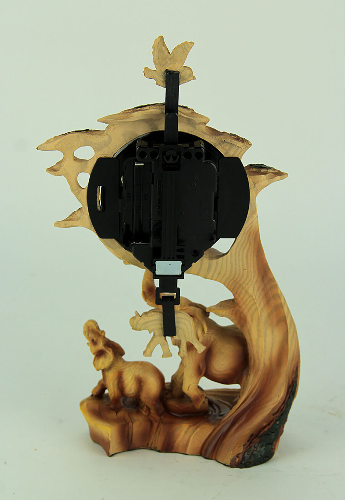 Clock Figurine with Elephant Family On Safari Carved Wood
