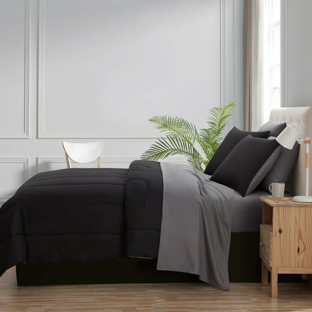 Twin Size Comforter Set in Black With Sheets 6 Pieces