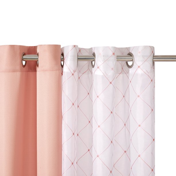 Curtain Embroidered Lattice Sheer & Twill Weave in 4 Piece 84 Inch Blush Pink