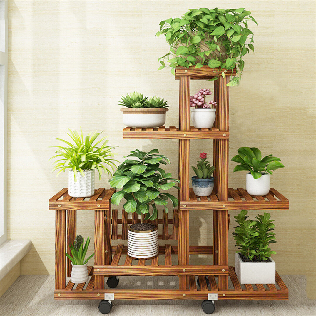 Plant Shelves Stand with Wheels 6 Tiers in Wood