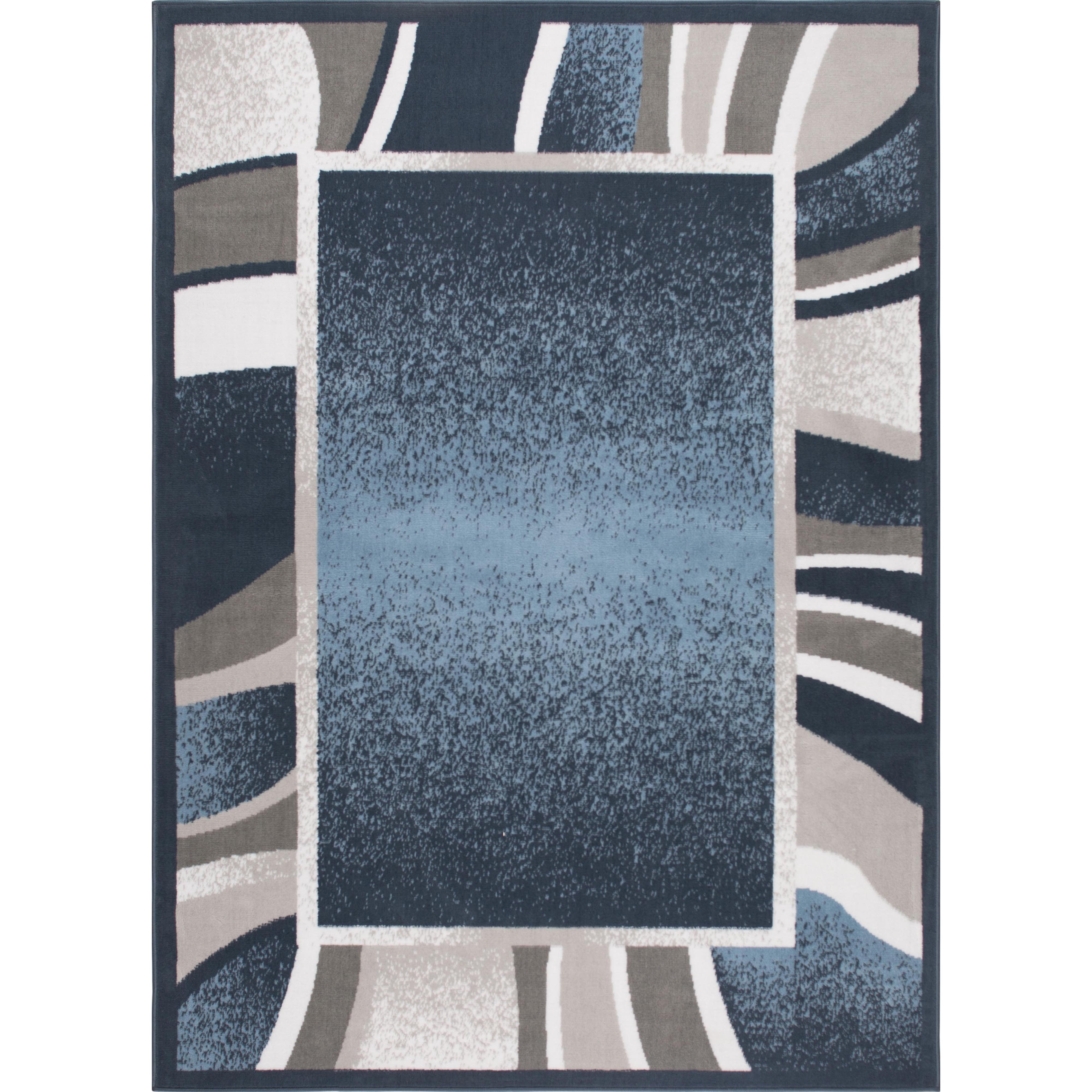 Abstract Border Runner Area Rug Blue and Grey 88x62 Inches