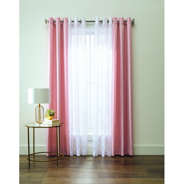 Curtain Embroidered Lattice Sheer & Twill Weave in 4 Piece 84 Inch Blush Pink