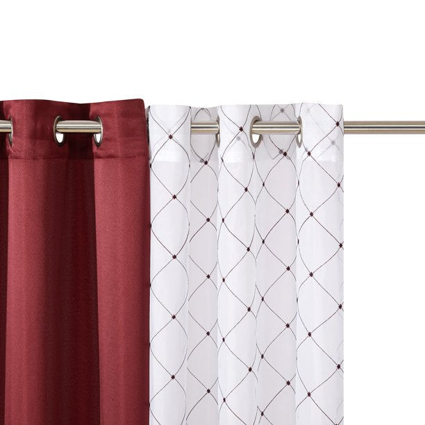 Curtain 4 Piece 84 Inch Maroon Embroidered Lattice Sheer & Twill Weave