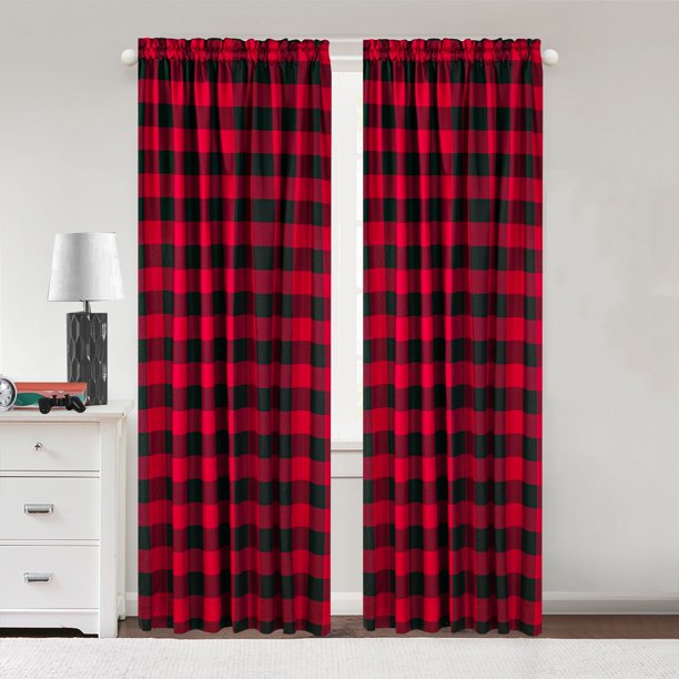 Plaid Light Filtering Curtain Panel 63 Inch Red