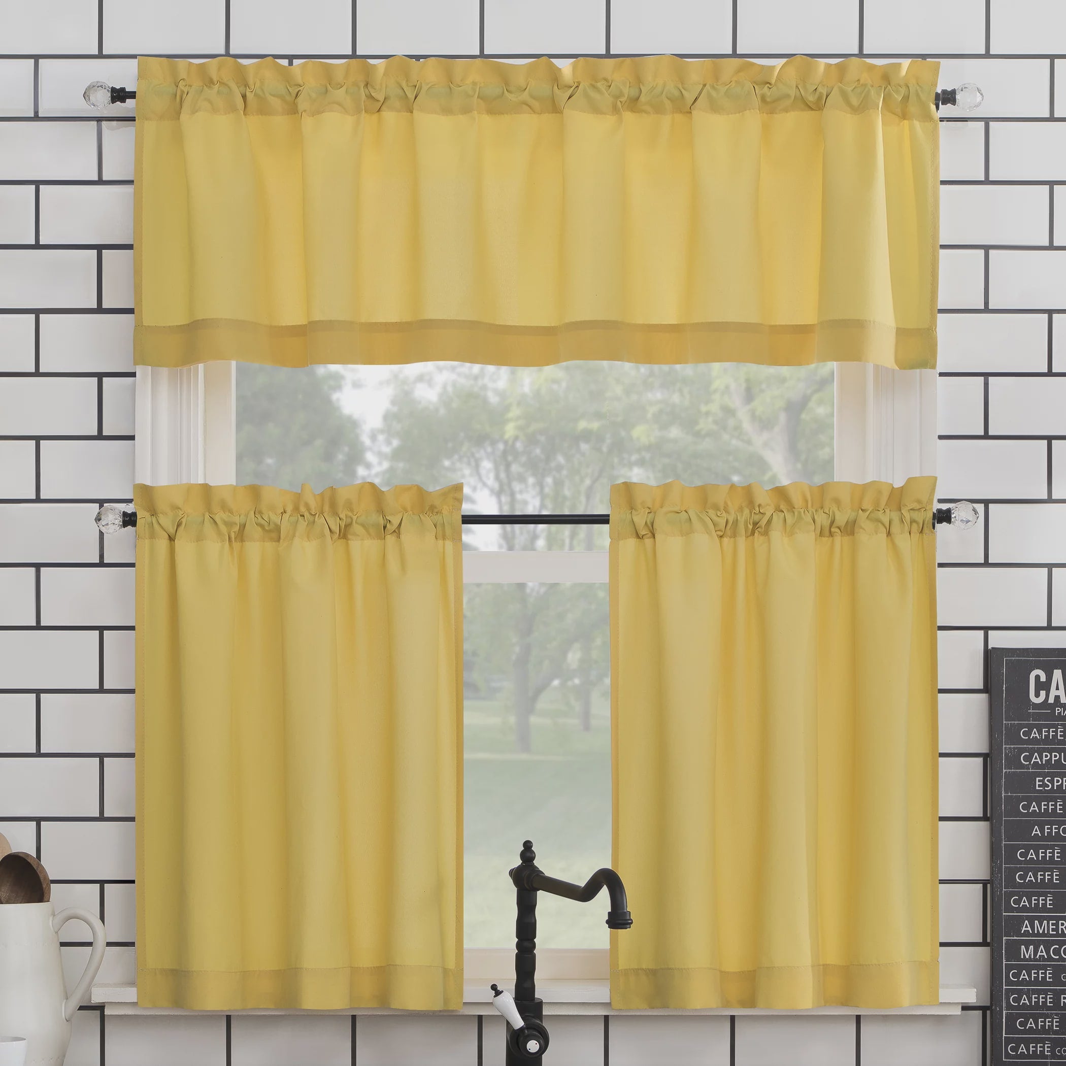 Kitchen Curtain Tier and Valance Set Yellow 54x45 Inch in 3 Pieces