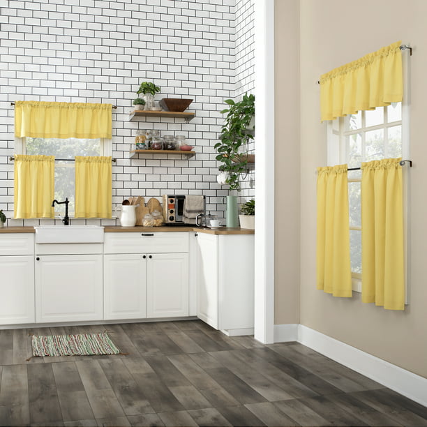 Kitchen Curtain Tier and Valance Set Yellow 54x45 Inch in 3 Pieces