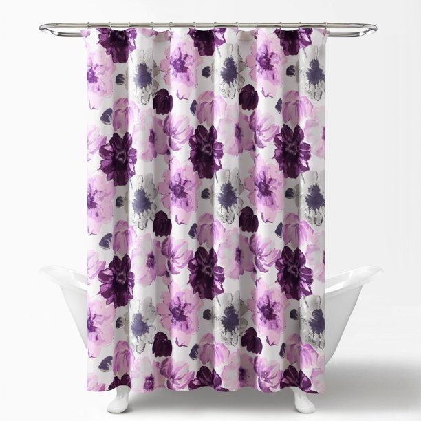 Floral Shower Curtain in Gray and Purple 72x72 Inches