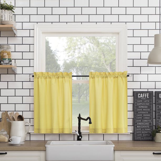 Kitchen Curtain Tier and Valance Set Yellow 54x45 Inch in 3 Pieces