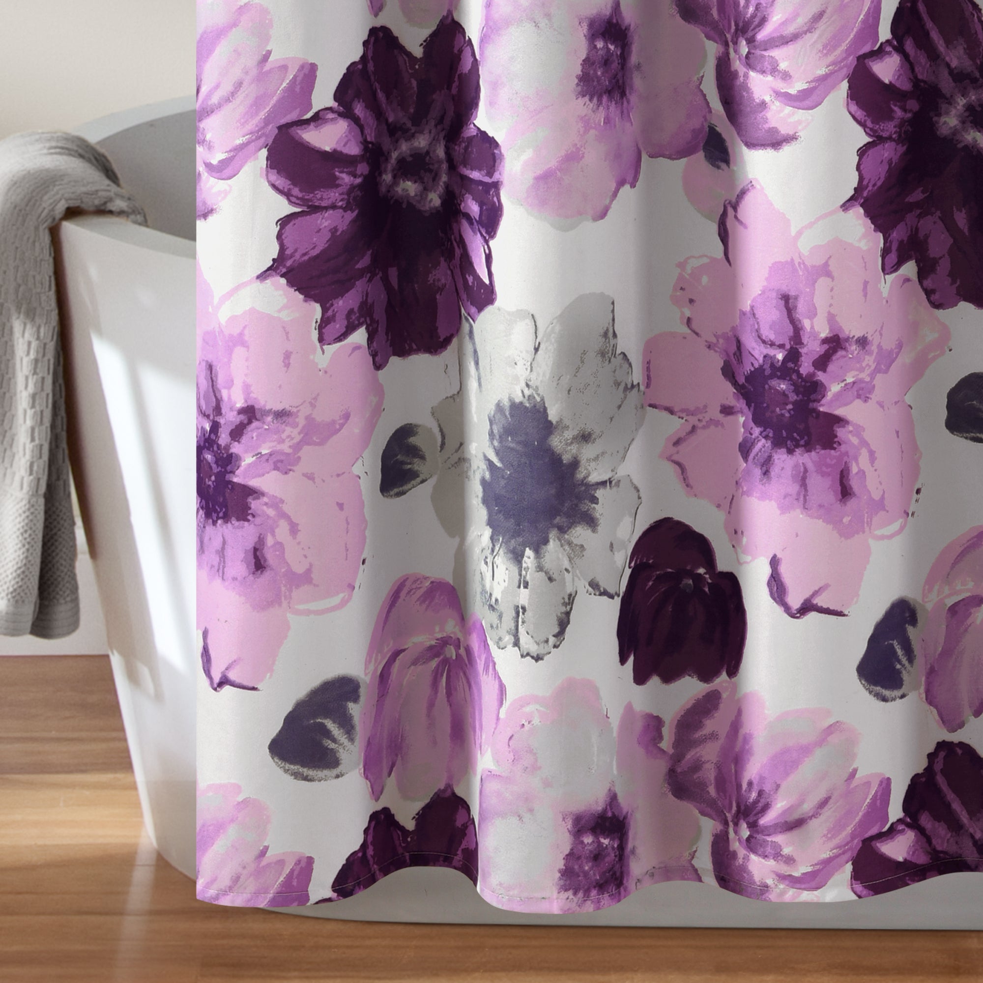 Floral Shower Curtain in Gray and Purple 72x72 Inches