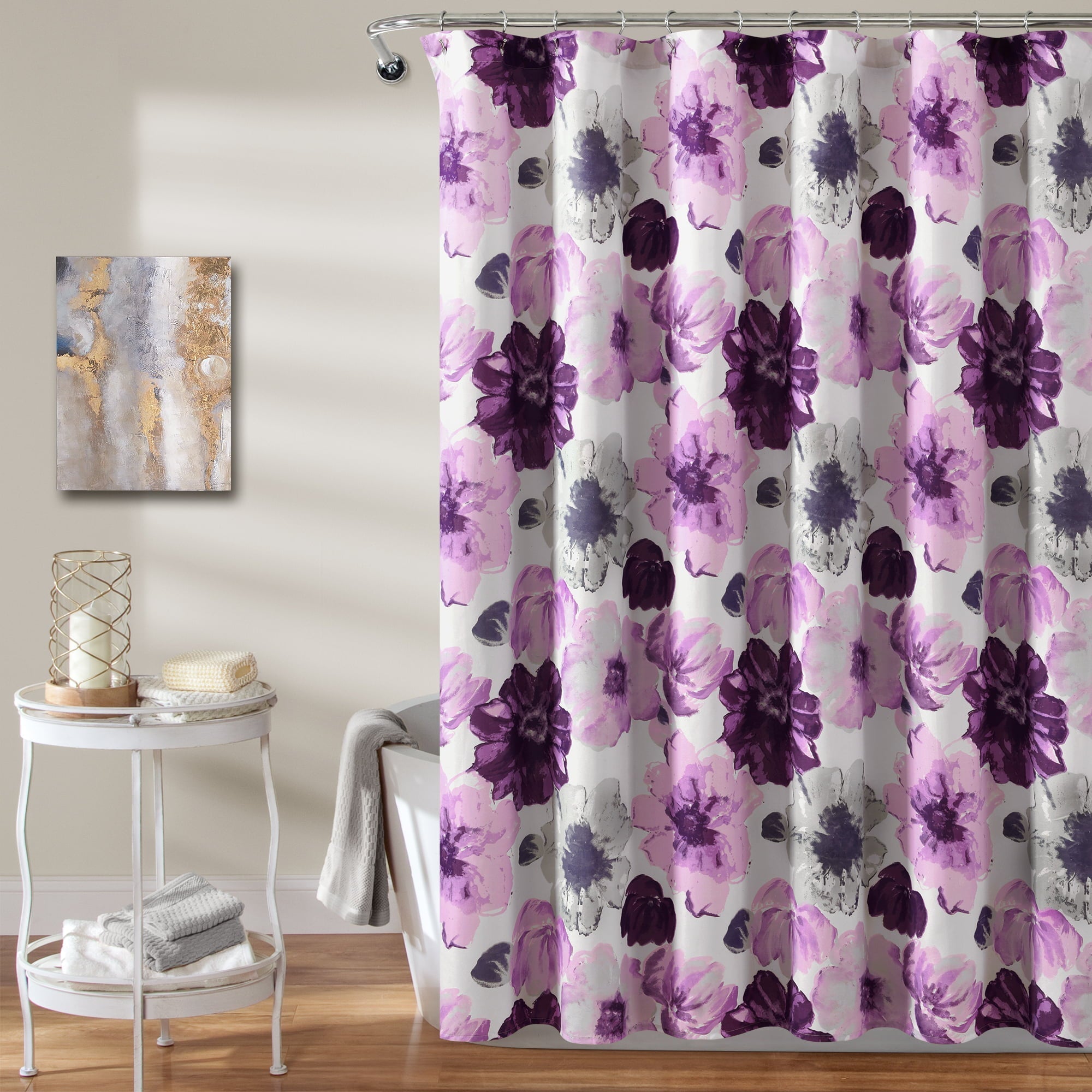 Floral Shower Curtain in Gray and Purple 72x72 Inches