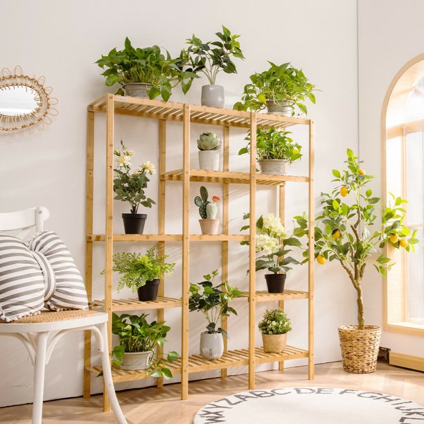Bamboo Shelf Storage Plant Organizer Rack