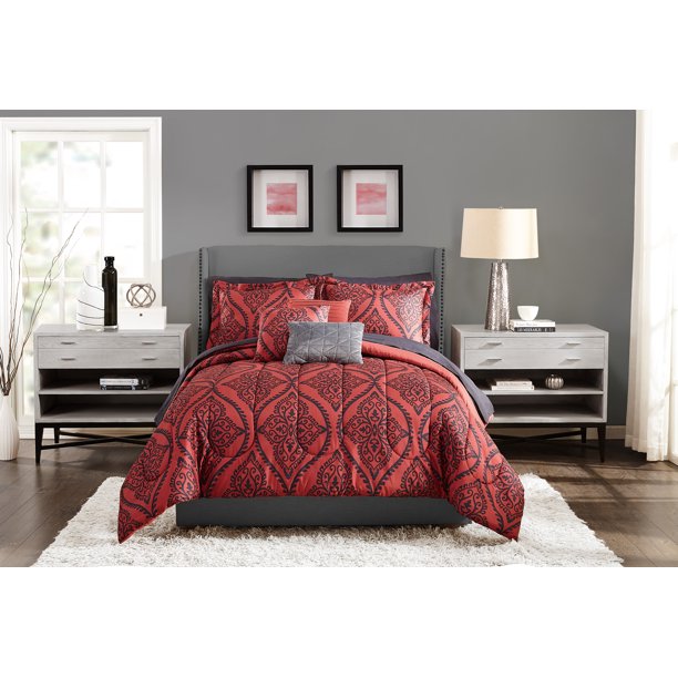 Bed in a Bag King Comforter Set with Red and Black Sheets