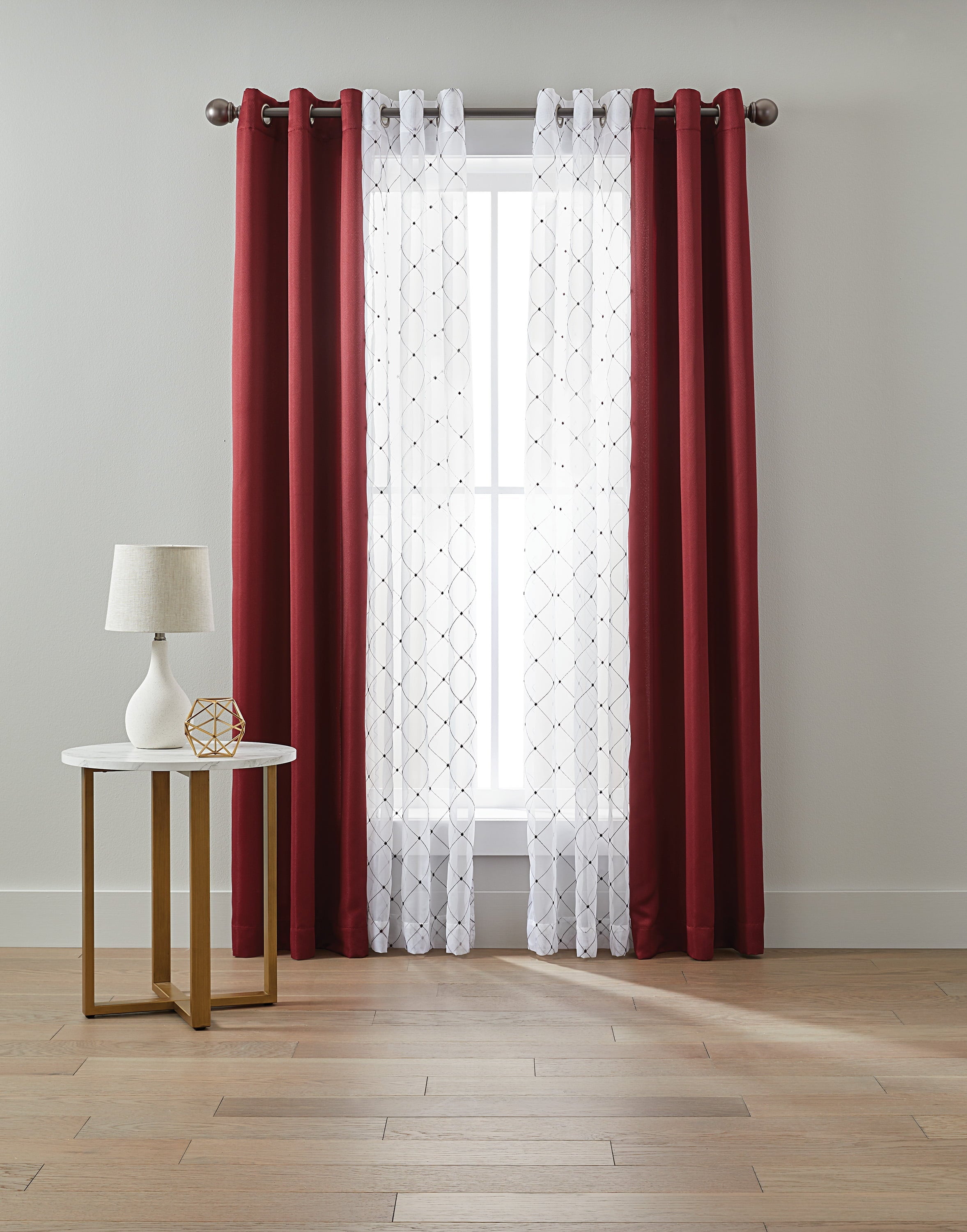 Curtain 4 Piece 84 Inch Maroon Embroidered Lattice Sheer & Twill Weave